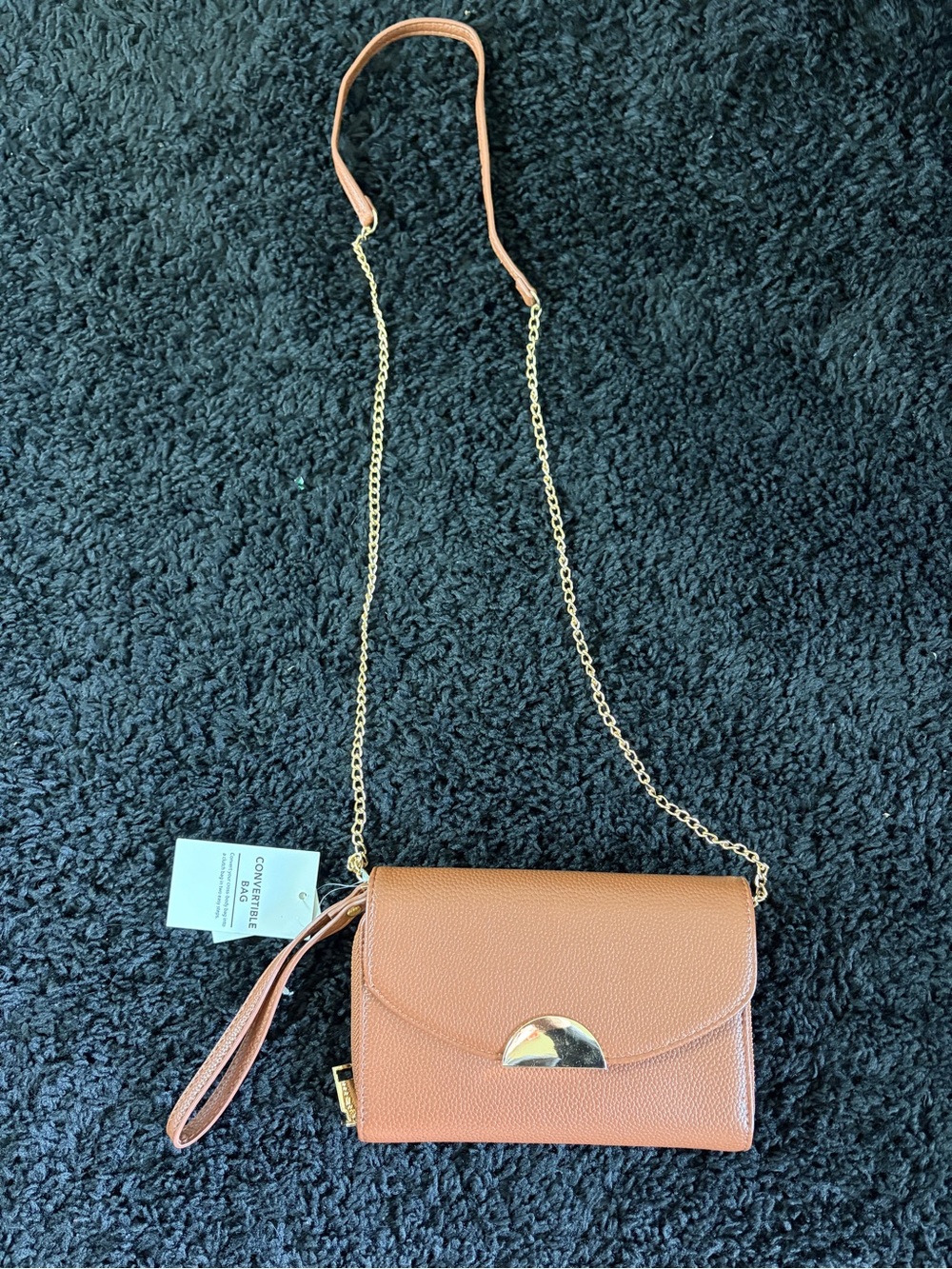 Francesca's Collections Tan Crossbody Wallet with Gold Chain Detail